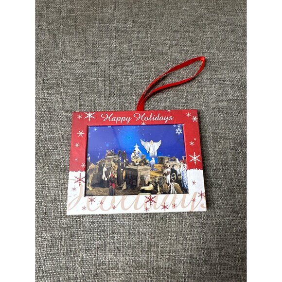 Nativity Scene Christmas Ornament w/ Red Ribbon Photo Frame Happy Holidays - Picture 2 of 6